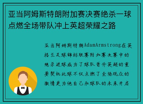 亚当阿姆斯特朗附加赛决赛绝杀一球点燃全场带队冲上英超荣耀之路